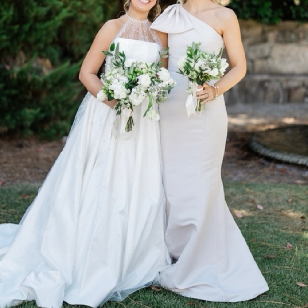 Amsale Sierra GB199 Champagne One-Shoulder Cream Gown Bridesmaid Dress Sz 12 NEW - Picture 8 of 16